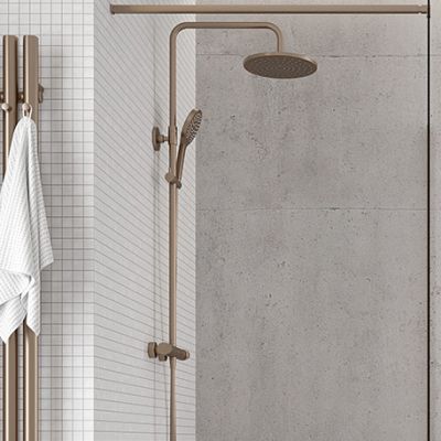 Oltens Vatten Numa zestaw wannowo-prysznicowy ścienny z baterią termostatyczną i deszczownicą miedź szczotkowana 36507610