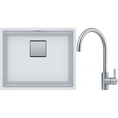 Franke Kanon KNG 110-52 zlewozmywak 52x42 cm Fragranite biały polarny z baterią kuchenną Eos Neo stal szlachetna (1250528614, 1150590044)