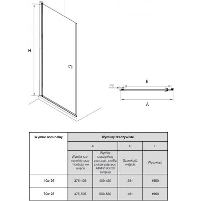 Roca Capital drzwi prysznicowe 40 cm chrom/szkło przezroczyste AM4704012M