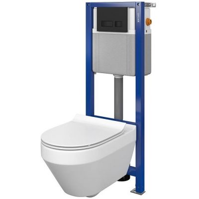 Zestaw Cersanit Crea Set B352 miska WC wisząca CleanOn z deską wolnoopadającą Slim i stelaż podtynkowy Aqua z przyciskiem spłukującym Movi czarny mat S701-485