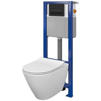 Zestaw Cersanit City Set B361 miska WC wisząca CleanOn z deską wolnoopadającą Slim i stelaż podtynkowy Aqua z przyciskiem spłukującym Presto czarny mat S701-494