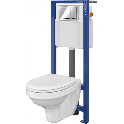 Cersanit Delfi Set 896 miska WC z deską wolnoopadającą i stelaż podtynkowy Aqua z przyciskiem spłukującym Enter chrom błyszczący S701-217