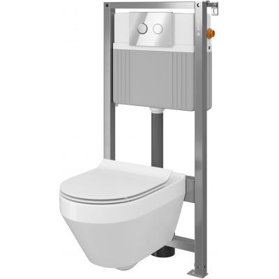 Cersanit Crea SET B35 miska WC CleanOn z deską wolnoopadającą Slim i stelaż podtynkowy Aqua z przyciskiem spłukującym Accento Circle chrom błyszczący S701-289