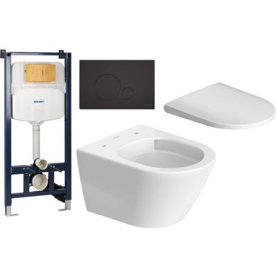 Zestaw Duravit D-Neo Compact miska WC Rimless WonderGliss z deską wolnoopadającą i stelaż podtynkowy DuraSystem z przyciskiem czarnym (25880900001, 0021690000, WD1029000000, WD5010031000)