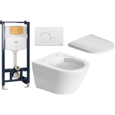 Zestaw Duravit D-Neo Compact miska WC Rimless WonderGliss z deską wolnoopadającą i stelaż podtynkowy DuraSystem z przyciskiem białym (25880900001, 0021690000, WD1029000000, WD5010011000)