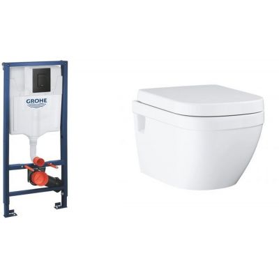 Zestaw Grohe Euro Ceramic miska WC z deską i stelażem podtynkowym Solido przycisk czarny (38811KF0, 39538000, 39330002, )