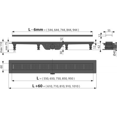 Alca Simple odpływ liniowy 75 cm z rusztem czarny mat APZ10BLACK-750M