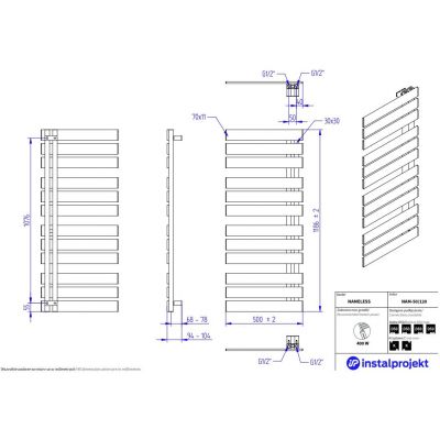 Instal Projekt Nameless grzejnik łazienkowy drabinkowy 118,6x50 cm grafit NAM-50/120C12