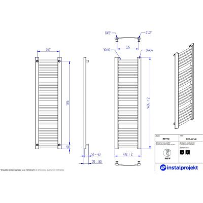 Zestaw Instal Projekt Retto grzejnik łazienkowy 143,6x41,2 cm z zestawem termostatycznym Z17 prawym grafit (RET40140C12, 606400001C12)