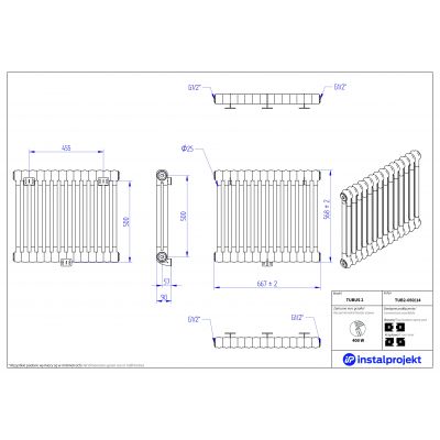 Instal Projekt Tubus 2 grzejnik pokojowy 56,8x66,7 cm podłączenie boczne biały TUB2-050/14