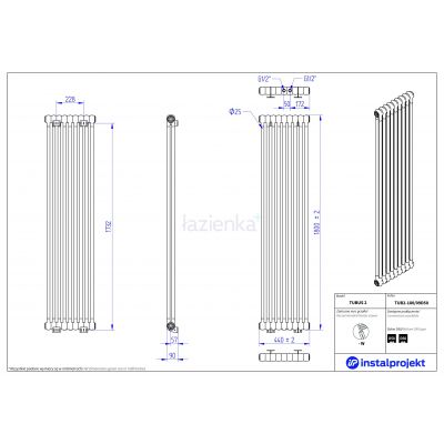 Instal Projekt Tubus 2 grzejnik pokojowy 44x180 cm podłączenie dolne biały TUB2-180/09D50
