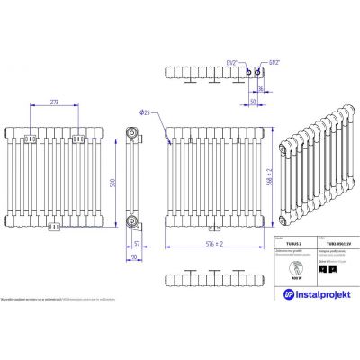 Instal Projekt Tubus 2 grzejnik pokojowy 56,8x57,6 cm podłączenie dolne czarny struktura TUB2-050/12VC75