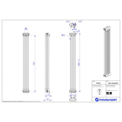 Instal Projekt Tubus 3 grzejnik 180x21,2 cm podłączenie D50P biały TUB3-180/04D50P