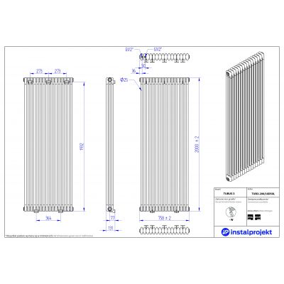 Instal Projekt Tubus 3 grzejnik 200x75,8 cm podłączenie D50L biały TUB3-200/16D50L