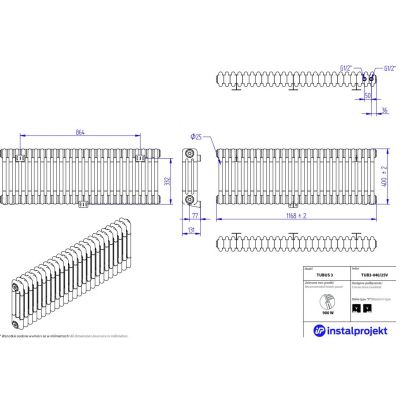 Instal Projekt Tubus 3 grzejnik pokojowy 40x116,8 cm podłączenie dolne biały mat TUB3-040/25VC34