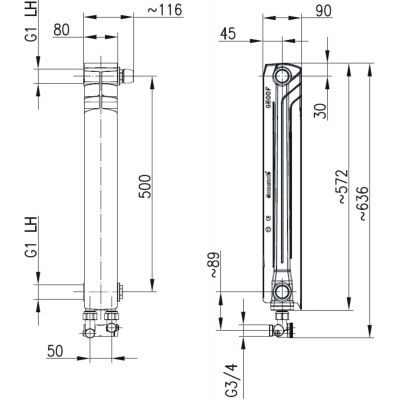 KFA Armatura G500F grzejnik pokojowy 57,2x8,2 cm podłączenie dolne czarny 878-151-81
