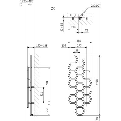 Terma Hex grzejnik łazienkowy 122x48,6 cm biały połysk WGH2X122048K916ZX