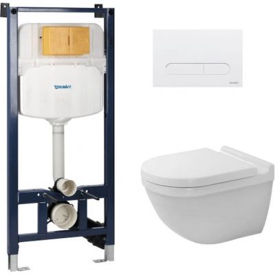 Zestaw Duravit DuraSystem stelaż podtynkowy z przyciskiem spłukującym białym i miską WC Rimless Starck 3 z deską wolnoopadającą (WD102900000, WD5009011000, 45270900A1)