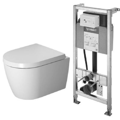 Zestaw Duravit ME by Starck miska WC wisząca Rimless HygieneGlaze z deską wolnoopadającą biała i stelaż podtynkowy DuraSystem (2530092000, 0020190000, WD1001000000)