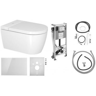 Zestaw Duravit SensoWash Strack F Plus Compact miska WC Rimless wisząca z deską sedesową myjącą i stelaż podtynkowy z przyciskiem WD7014001000
