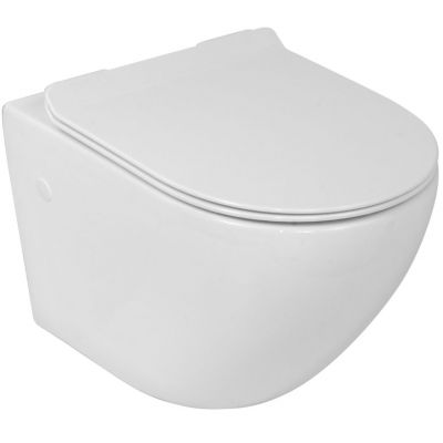 Zestaw Lavita Sofi Slim miska WC wisząca bez kołnierza z deską wolnoopadającą stelaż podtynkowy Tece Base z przyciskiem spłukującym Now chrom ( 5908211401461, 9400407, 9240401)