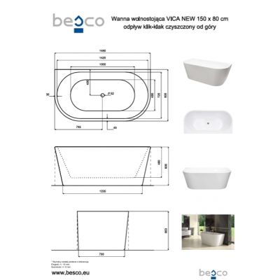 Besco Vica New wanna wolnostojąca 150x80 cm owalna biała #WAS-150VNBO