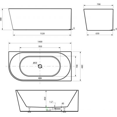Aqualine Tibera wanna przyścienna 140x70 cm biała E1055