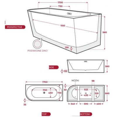 Corsan Intero wanna przyścienna 170x73 cm owalna biała E230XLPWH