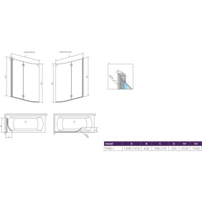 Radaway Eos PND I parawan nawannowy 130 cm 2-częściowy chrom połysk/szkło przezroczyste 1205202-101L