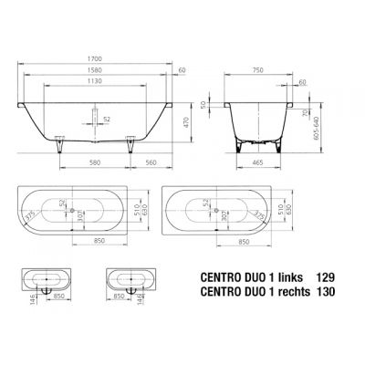 Kaldewei Centro Duo 1 wanna prostokątna 170x75 cm lewa z otworami na uchwyty model 129 biała 282910110001