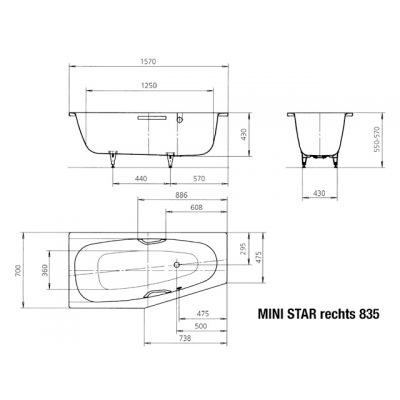 Kaldewei Mini Star wanna narożna 157x70/47,5 cm prawa model 835 biała 224500013001