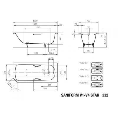 Kaldewei Saniform V1-V4 Star wanna prostokątna 160x70 cm model 332 Saniform V4 Star biała 134300010001