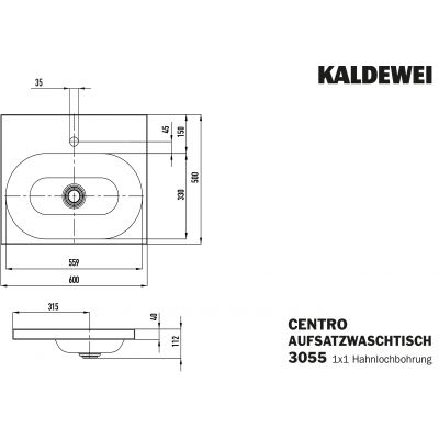 Kaldewei Centro umywalka 60x50 cm nablatowa prostokątna model 3055 biała 902806013001