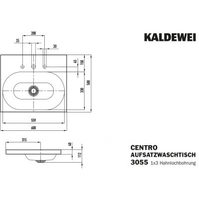 Kaldewei Centro umywalka 60x50 cm nablatowa prostokątna model 3055 biała 902806033001