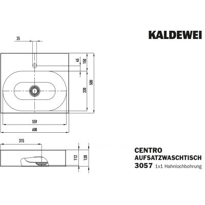 Kaldewei Centro umywalka 60x50 cm nablatowa prostokątna model 3057 biała 903006013001