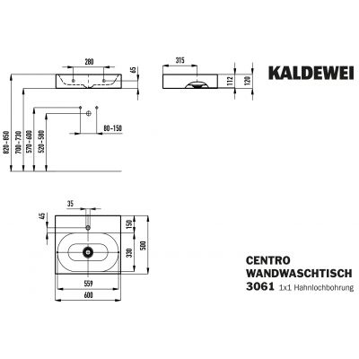 Kaldewei Centro umywalka 60x50 cm ścienna prostokątna model 3061 biała 903406013001