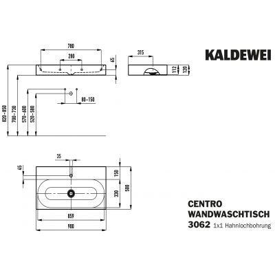 Kaldewei Centro umywalka 90x50 cm ścienna prostokątna model 3062 biała 903506013001
