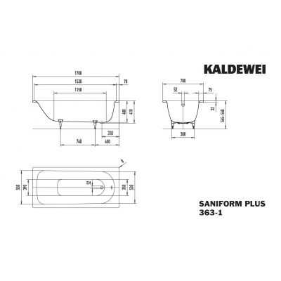 Kaldewei Saniform Plus wanna prostokątna 170x70 cm model 363-1 z częściowym wykończeniem przeciwpoślizgowym i powierzchnią uszlachetnioną biała 111830003001