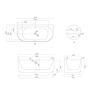 Oltens Hamnes wanna przyścienna 170x80 cm biała 12026000