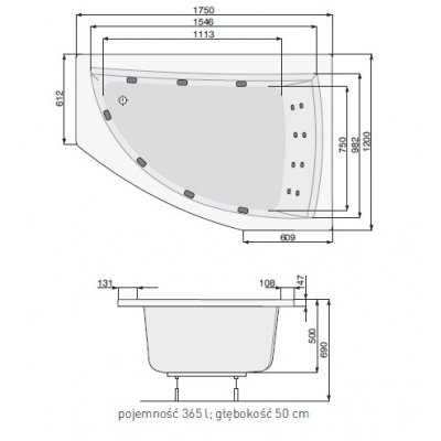 Wanna dwuosobowa asymetryczna prawa 175 x 120 cm z hydromasażem EFFECTS Standard Poolspa Aquamarina PHAJ710KELC0000