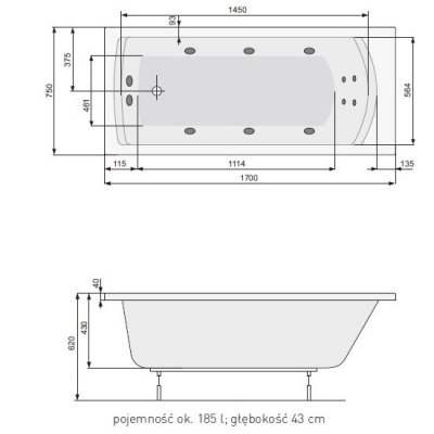 Wanna prostokątna 170 x 75 cm + nogi Poolspa Linea PWPJB10ZN000000