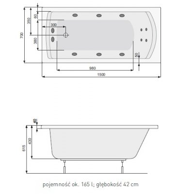 Wanna prostokątna 150 x 70 cm + nogi Poolspa Linea PWPNB10ZN000000