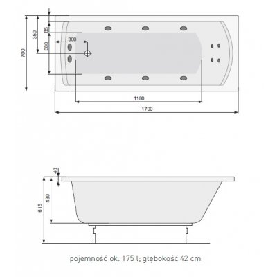 Wanna prostokątna 170 x 70 cm + nogi Poolspa Linea PWPNP10ZN000000