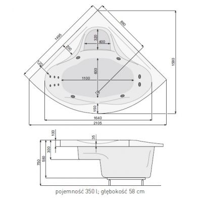 Poolspa Francja XL wanna symetryczna 150x150 cm z hydromasażem SMART 1 Standard PHSH710ST1C0000