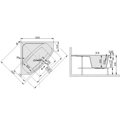 Sanplast Free Line wanna symetryczna 150x150 cm WS/FREE+STW 610-040-0350-01-000