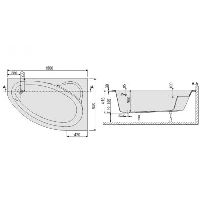 Wanna asymetryczna prawa 85 x 150 cm WAP/EKOPLUS+ST18 Sanplast Eko Plus 610-131-0260-10-000