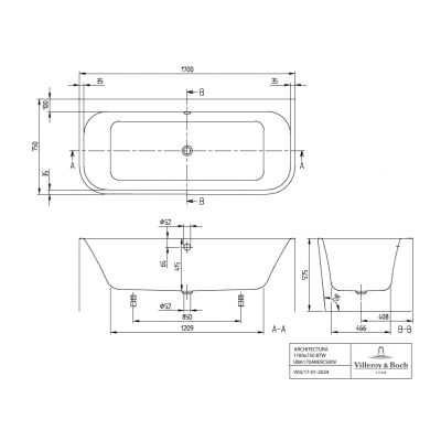 Villeroy & Boch Architectura wanna przyścienna 170x75 cm prostokątna biała UBA170ARE9CS00V-01