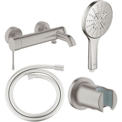 Zestaw Grohe Essence bateria wannowo-prysznicowa ścienna z zestawem prysznicowym stal nierdzewna (33624DC1, 28362DC0, 26574DC0, 27074DC0)