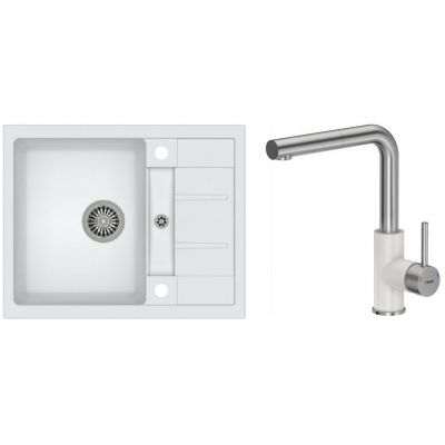 Zestaw Quadron Morgan 116 zlewozmywak granitowy z baterią kuchenną Angelina biały metalik/stal szlachetna (HB8210U1BS, BW6003BSU1)