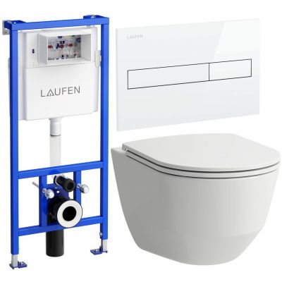 Zestaw Laufen Pro A miska WC z deską  wolnoopadającą i stelaż podtynkowy Lis  z przyciskiem spłukującym białym (H8669560000001, H8946600000001, H8956610000001)